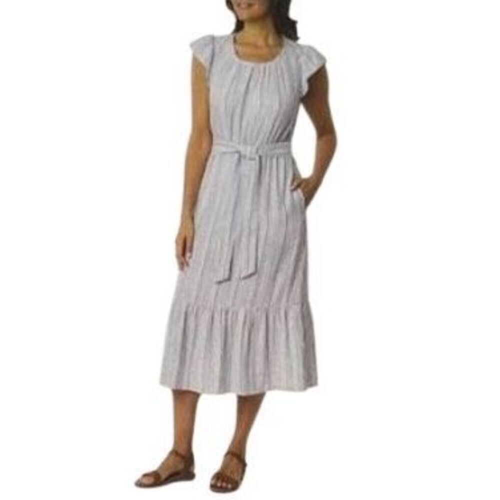 NWT BRIGGS Dress Women’s Size Large Blue White Striped Linen Blend Midi Belted